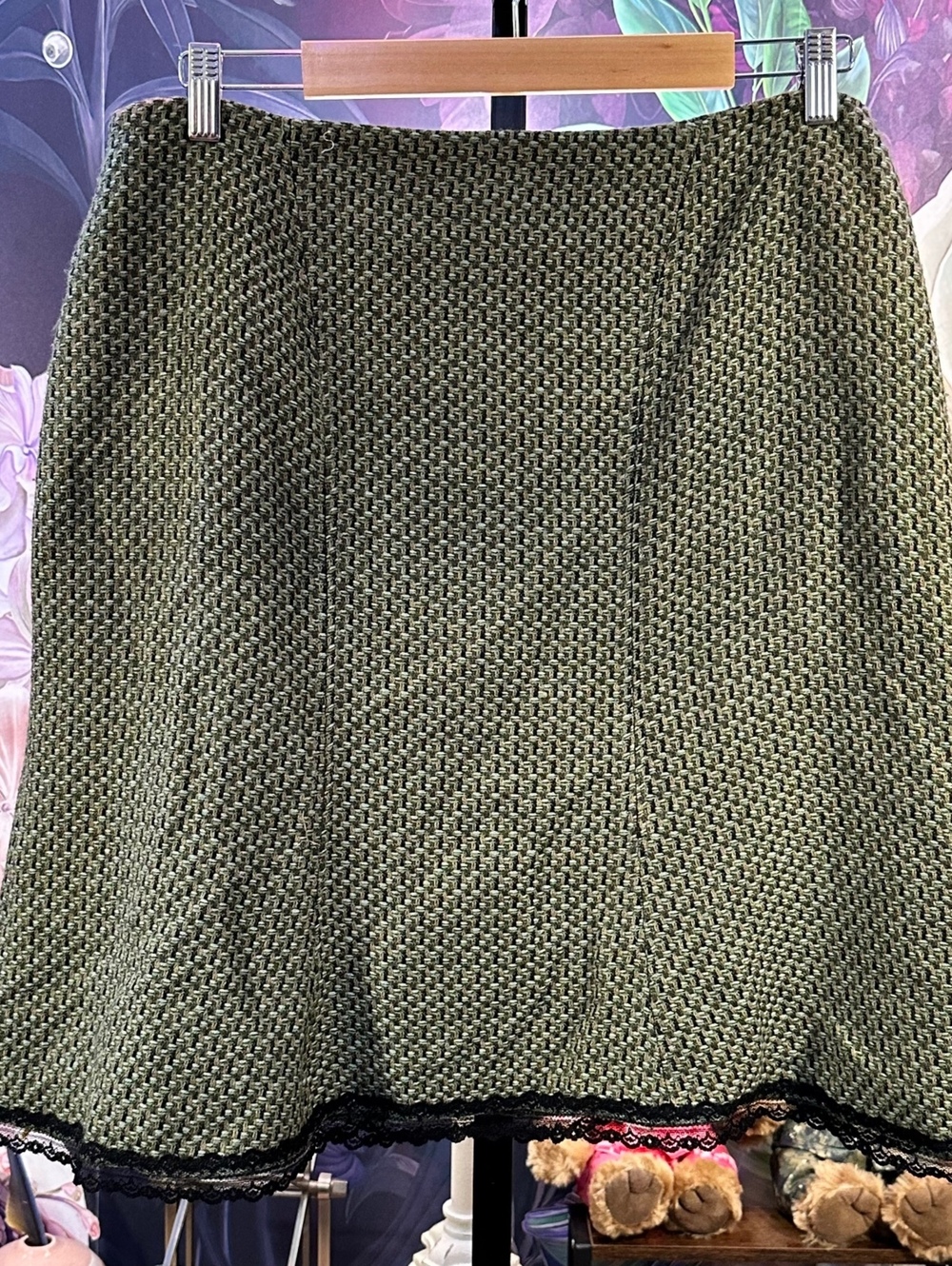 Worthington 14 A-Line Tweed Skirt Wool Blend Lace Academia Preppy Romantic Green